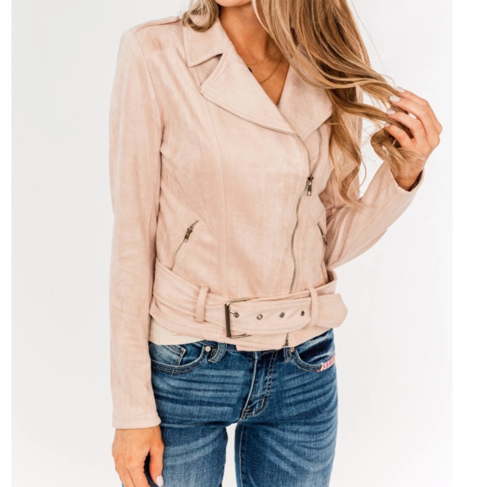 Main Strip Faux Suede Moto Jacket - Size M, Blush Pink